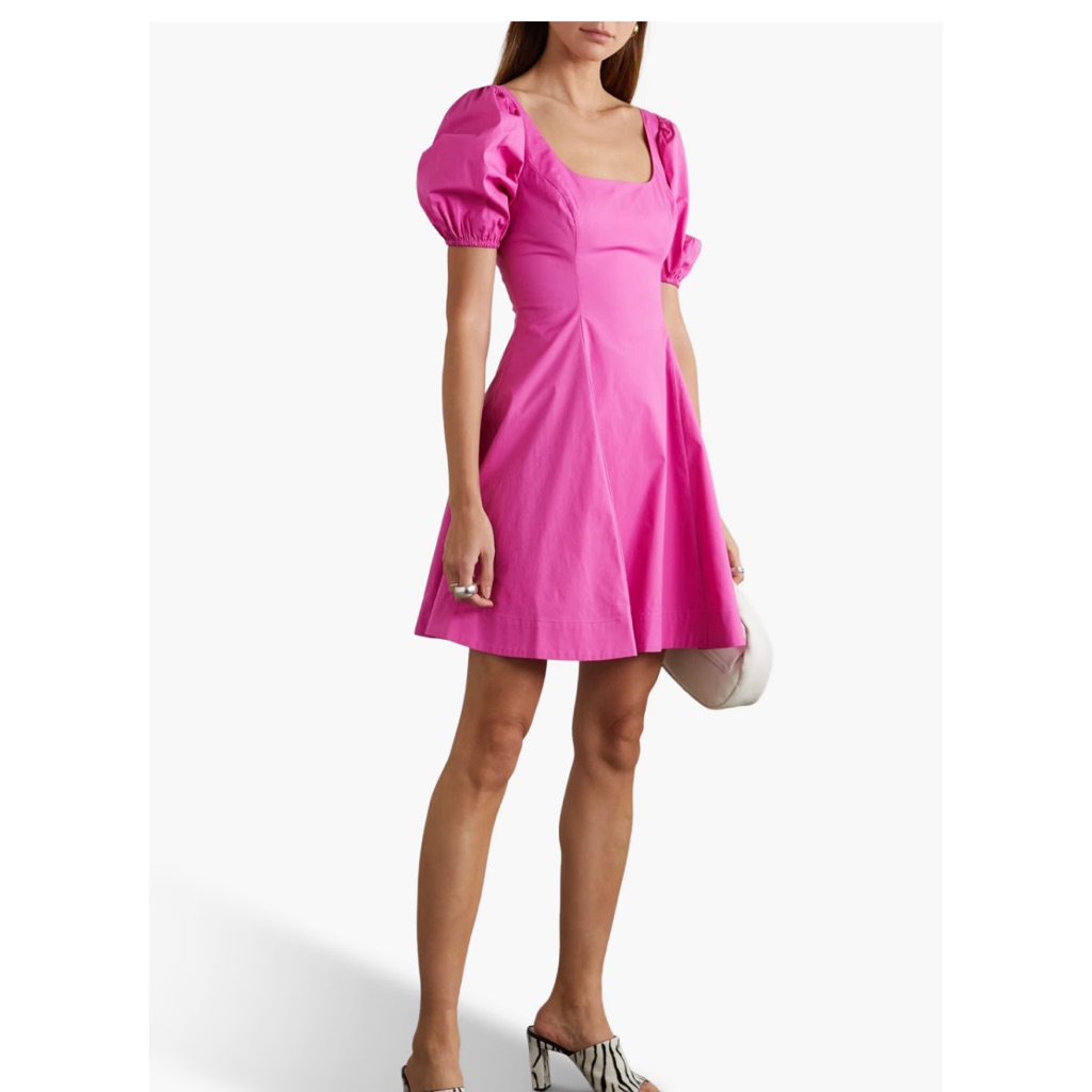 Staud Laelia Puff Sleeve Stretch-Cotton Poplin Mini Dress In Bubblegum- Size 4